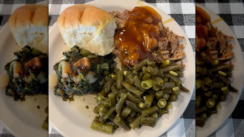 Pate with pulled pork, roll, and greens