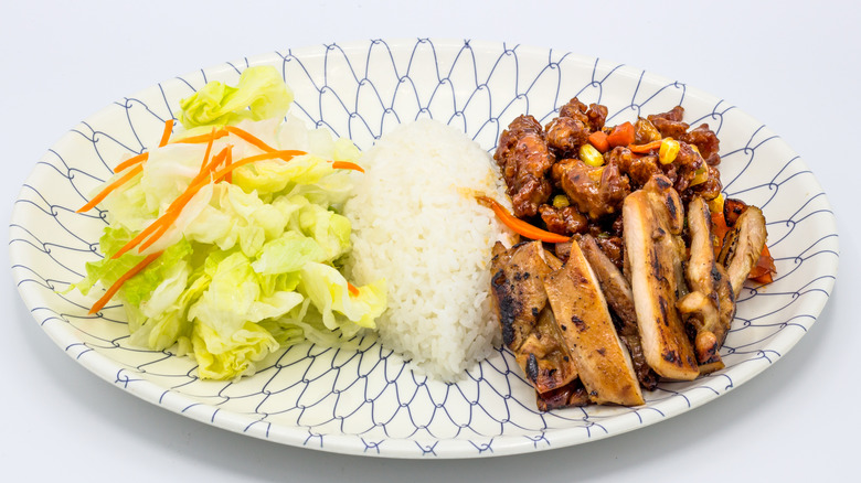 Plate of Seattle-style chicken teriyaki, salad, and rice