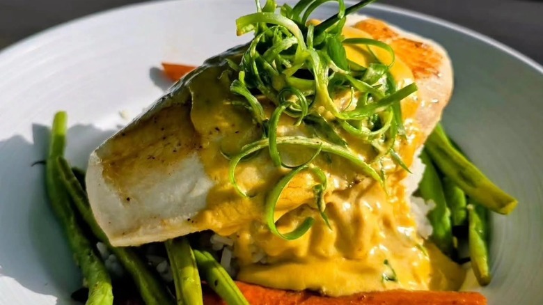 Swordfish with fresh veg and cream sauce