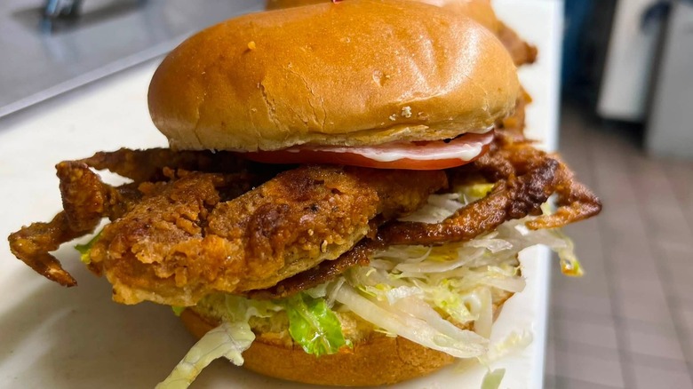 Crab sandwich with lettuce and tomato