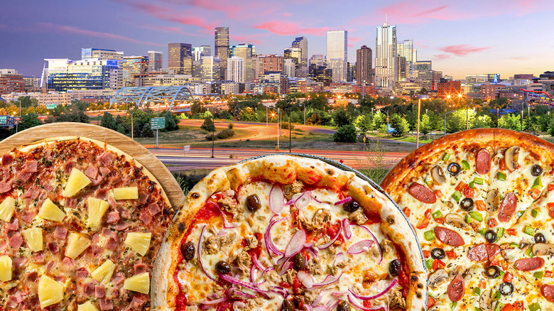 Denver skyline and various pizzas