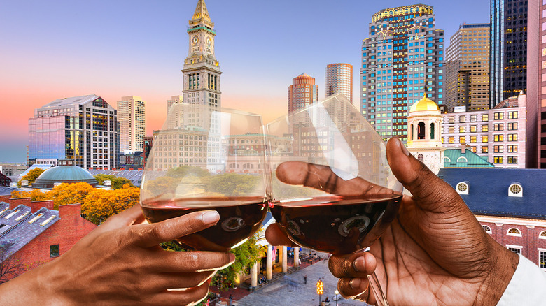 clinking wine glasses in Boston