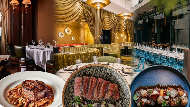 Assortment of steak dishes and restaurant interiors composite image