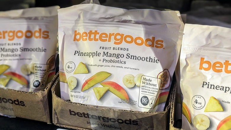 A bag of frozen fruit smoothie mix in a freezer at Walmart