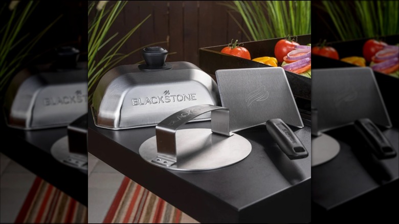 Blackstone Smash Burger Kit sitting on griddle side table