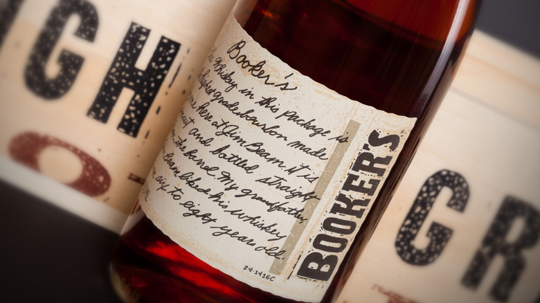 A close-up of Booker's bourbon, showcasing the writing on the label