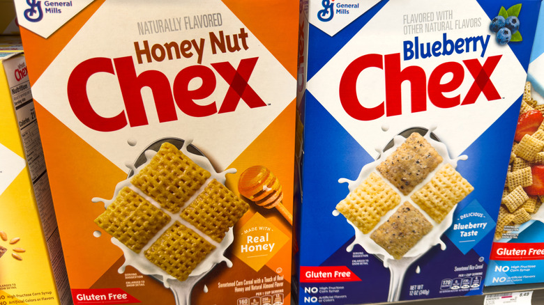 Two different boxes of Chex cereal.