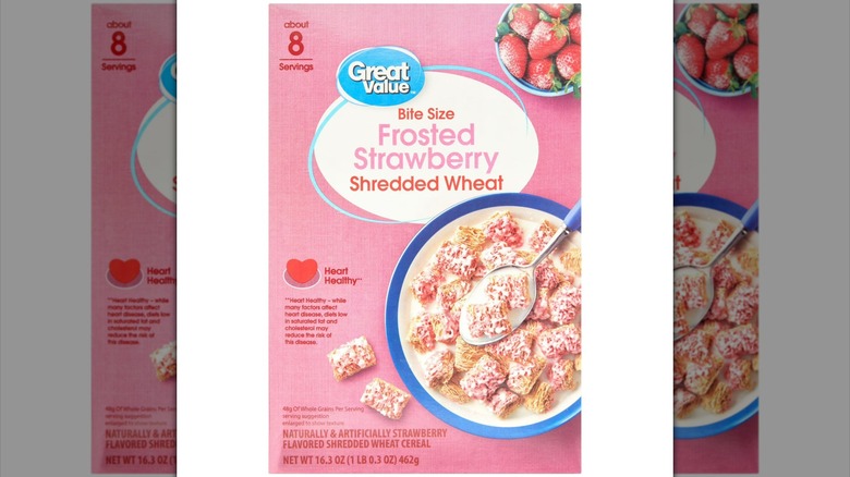 A product image of the Great Value Frosted Strawberry Shredded Wheat cereal.