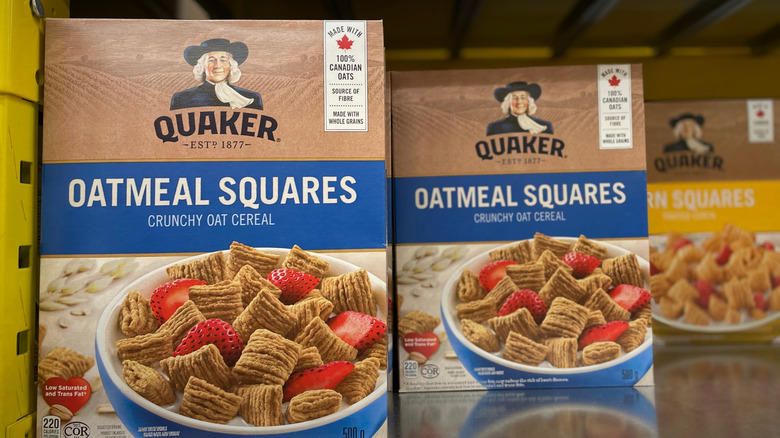 Two boxes of Quaker Oatmeal Squares visible on a store shelf.