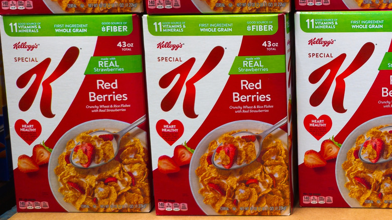 Many boxes of Kellogg's Special K cereal, stacked in two rows.