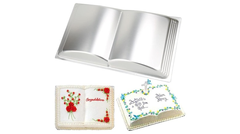 A metal cake pan shaped like an open book