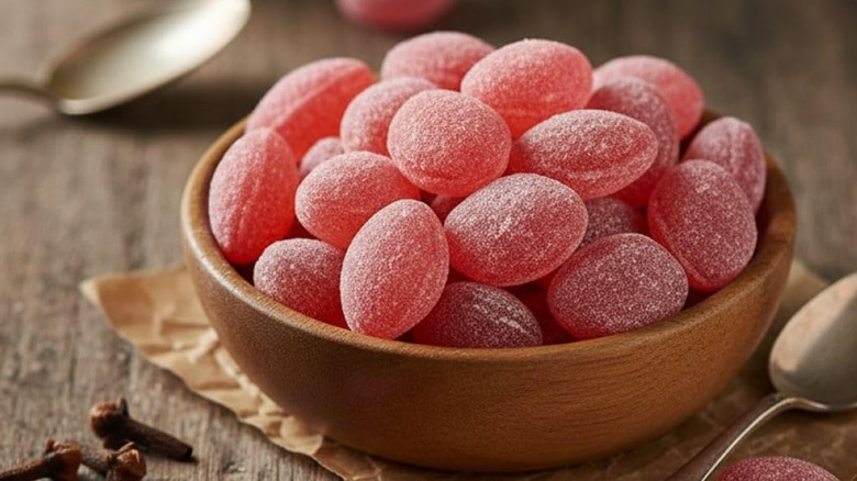 A bowl of clove candies on a wooden table with a spoon in the background