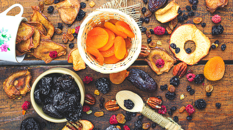 Dried fruit lying on a wooden table