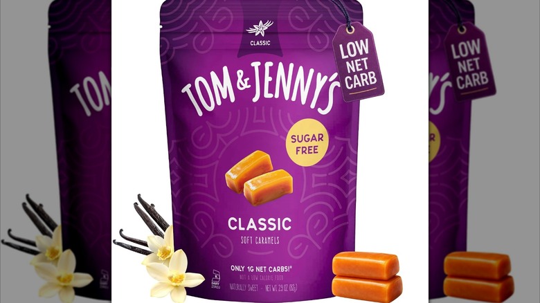 Product image of a purple Tom & Jenny's pouch of soft caramels.