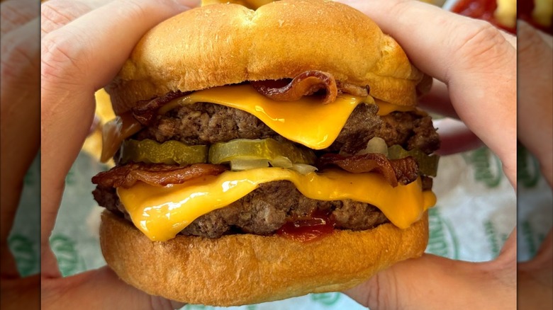 A double cheeseburger from Runza featuring xheese, bacon, and pickles.