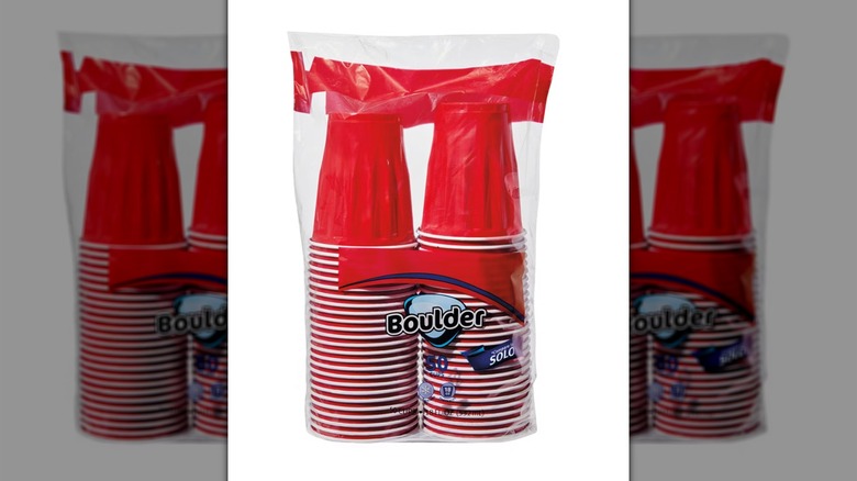 Boulder red party cups in plastic wrap