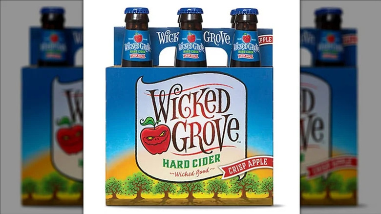 A six-pack of Wicked Grove Crisp Apple Hard Cider on a white background
