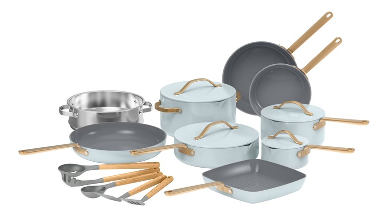 Beautiful 18-piece cookware set in hydrangea on white background.