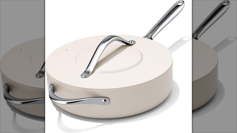 CookingCraze saute pan in cream on white background.