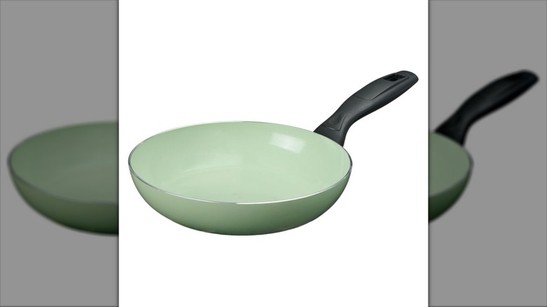 Crofton mini frying pan in sage green on white background.
