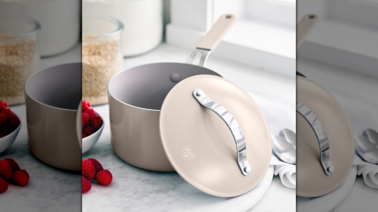 GreenLife Dream 2-quart saucepan in taupe on a kitchen counter.