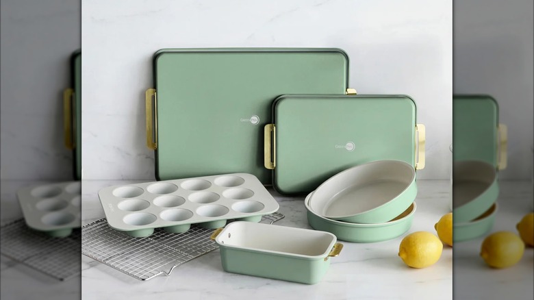 A GreenPan Reserve bakeware set in sage green