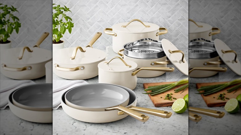 Member's Mark 11-piece ceramic cookware set in cream.