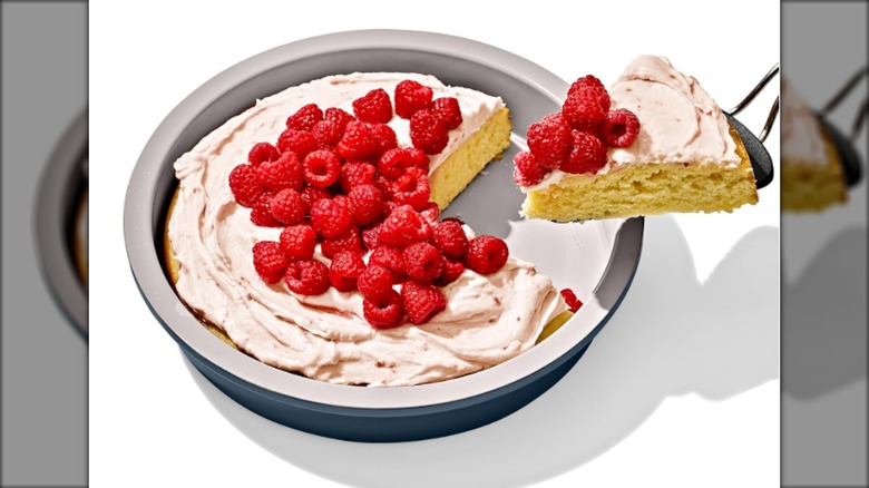 OXO Good Grips cake pan with a raspberry cake.