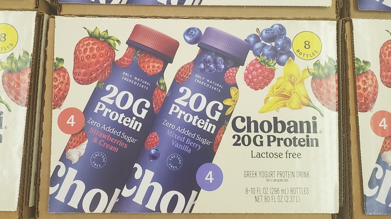 A box of Chobani Greek yogurt protein drinks in a refrigerator at Costco
