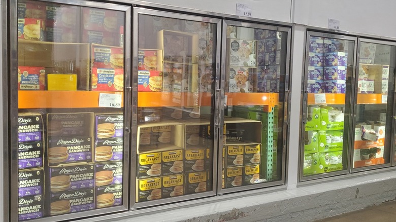 Various breakfast sandwiches in a freezer at Costco