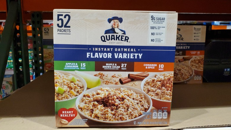 A box of Quaker instant oatmeal flavor variety at Costco