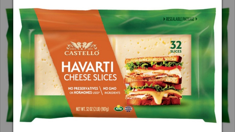 A package of Castello Havarti cheese slices on a white background
