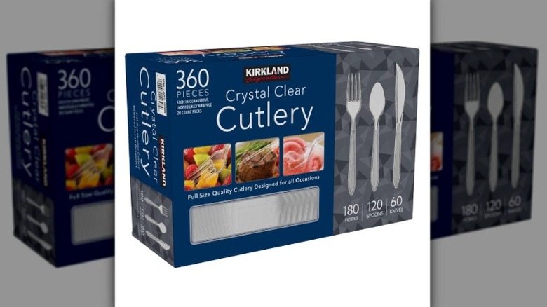 A box of 360 Kirkland Signature crystal clear knives, spoons, and forks on a white background