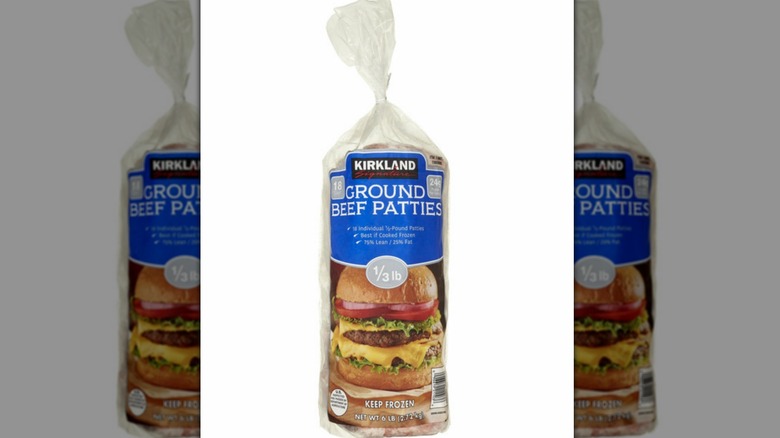 Kirkland Signature 1/3 pound ground beef patties on white background