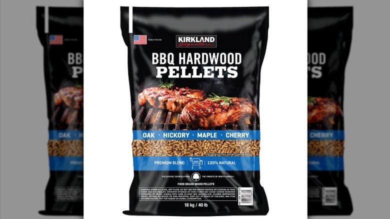 Kirkland Signature BBQ hardwood pellets on a white background