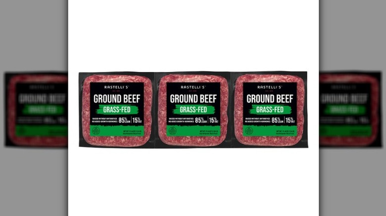 A three-count package of Rastelli's grass-fed ground beef on a white background