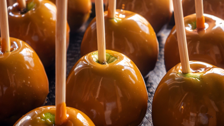 Many caramel apples arranged on tray