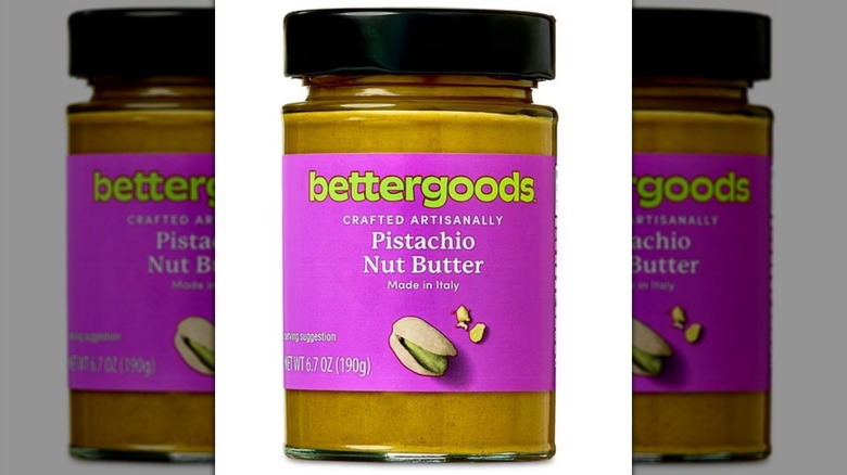 Jar of Bettergoods pistachio nut butter against a white background