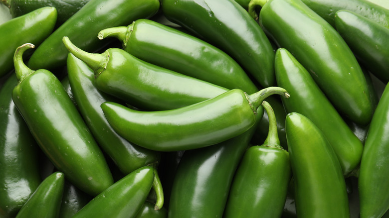 Pile of green jalapeño peppers