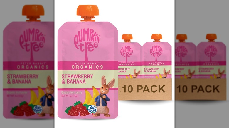 Package of Pumpkin Tree Peter Rabbit Organics Banana & Strawberry Fruit Puree against a white background