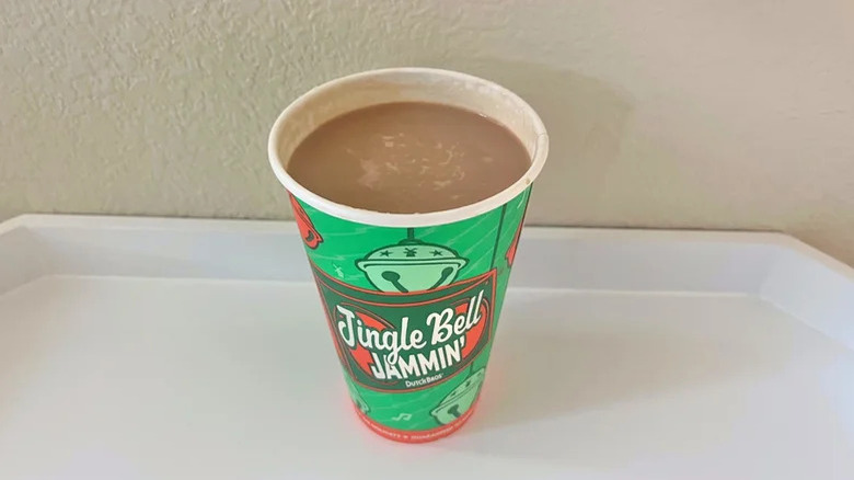 White chocolate hot mocha in holiday cup