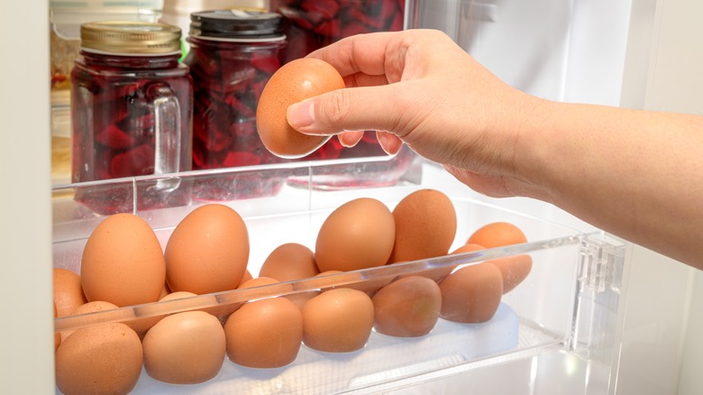 Raw eggs on refrigerator shelf