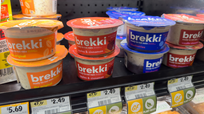 Brekki overnight oats on display at a local grocery store