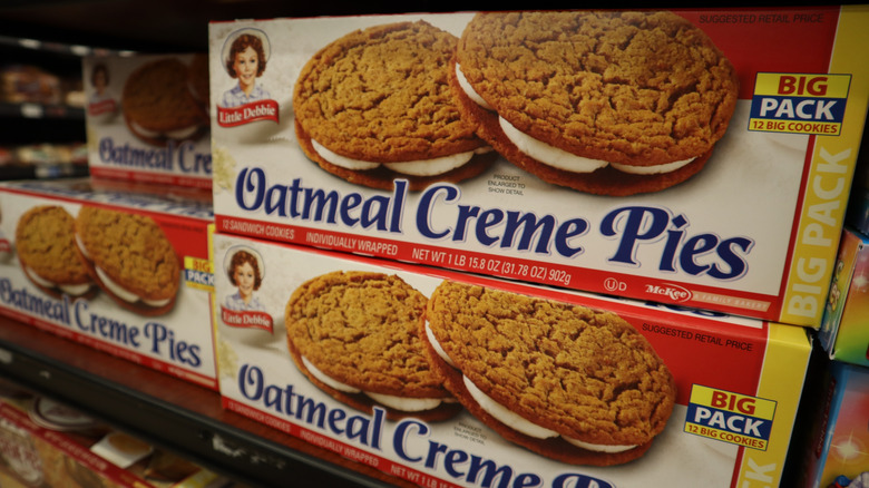 Boxes of Little Debbie oatmeal creme pies on display