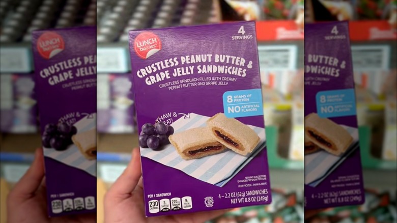 A close-up photo of the packaging for the Lunch Buddies Crustless Peanut Butter & Grape Jelly Sandwiches
