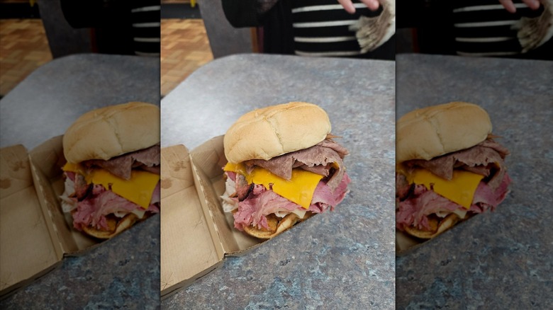 Arby's Meat Mountain in to-go box on table