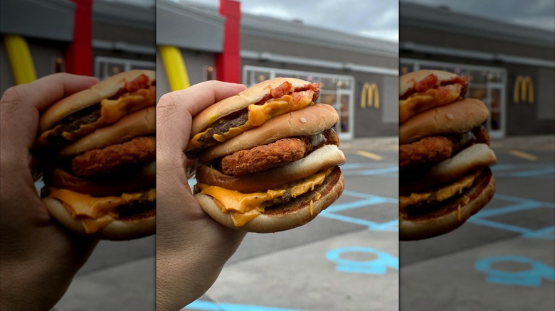 person holding a McDonald's McGangBang