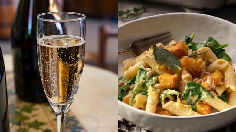 a glass of champagne and a fall pasta dish side by side