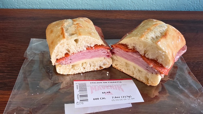 Halved Italian ciabatta on wrapper