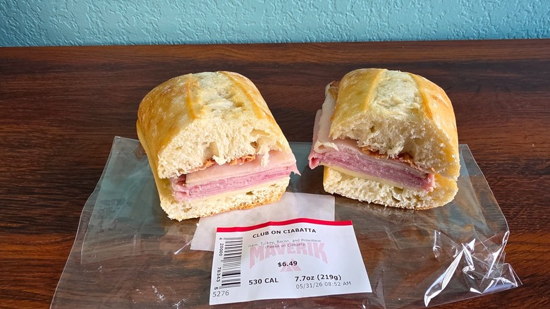 Halved club on ciabatta on wrapper